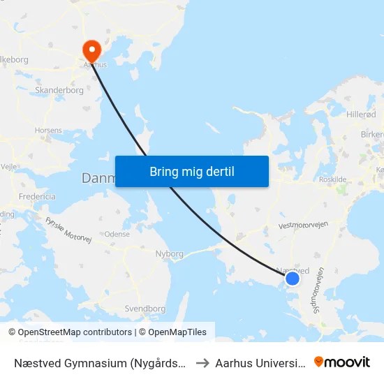 Næstved Gymnasium (Nygårdsvej) to Aarhus Universitet map