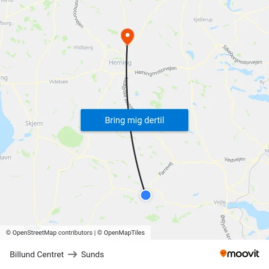 Billund Centret to Sunds map