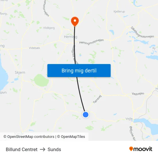 Billund Centret to Sunds map