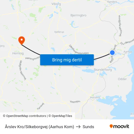 Årslev Kro/Silkeborgvej (Aarhus Kom) to Sunds map