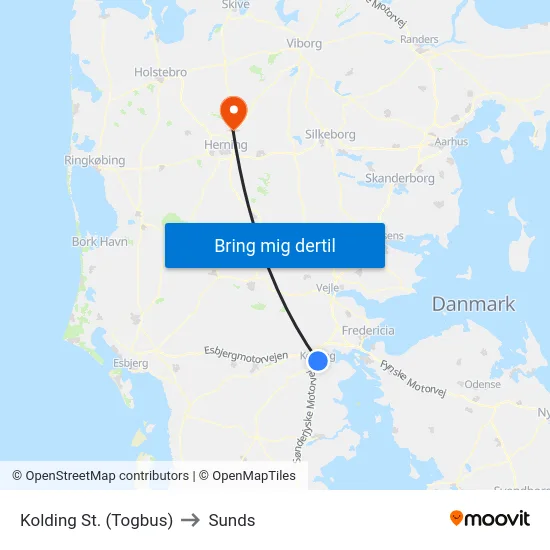 Kolding St. (Togbus) to Sunds map
