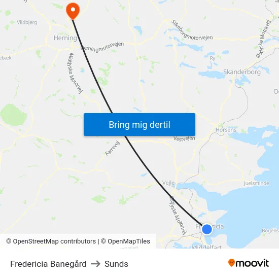 Fredericia Banegård to Sunds map