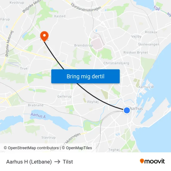Aarhus H (Letbane) to Tilst map
