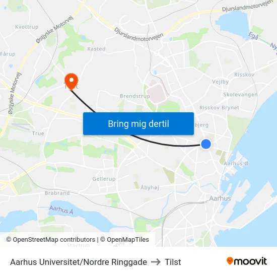 Aarhus Universitet/Nordre Ringgade to Tilst map