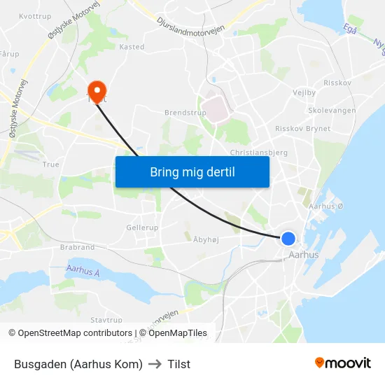 Busgaden (Aarhus Kom) to Tilst map