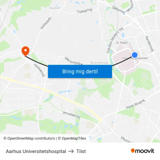 Aarhus Universitetshospital to Tilst map