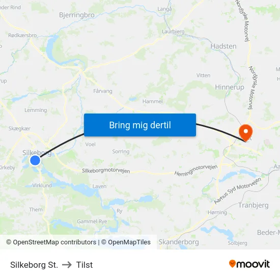 Silkeborg St. to Tilst map