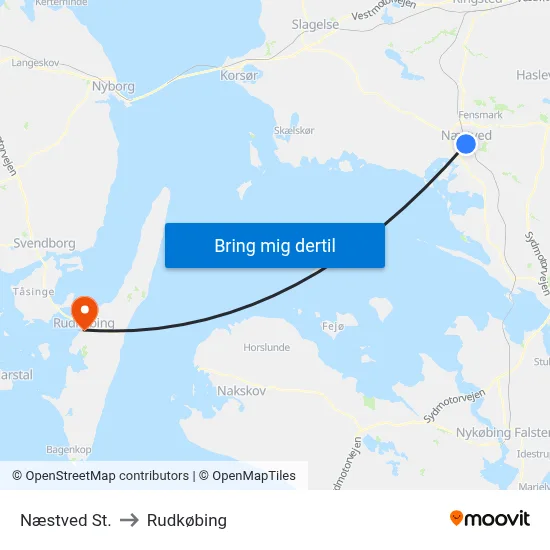 Næstved St. to Rudkøbing map