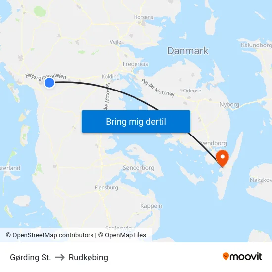 Gørding St. to Rudkøbing map