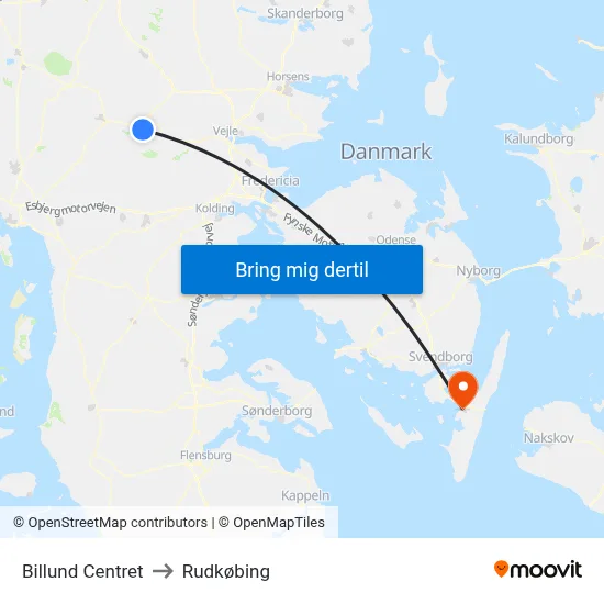Billund Centret to Rudkøbing map