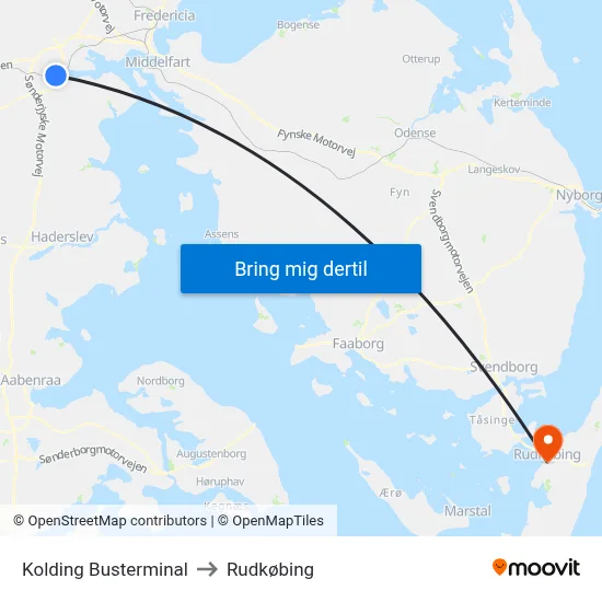 Kolding Busterminal to Rudkøbing map