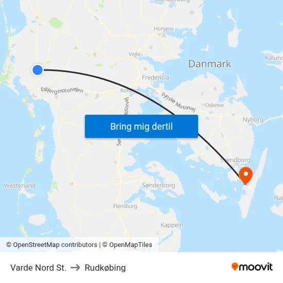 Varde Nord St. to Rudkøbing map
