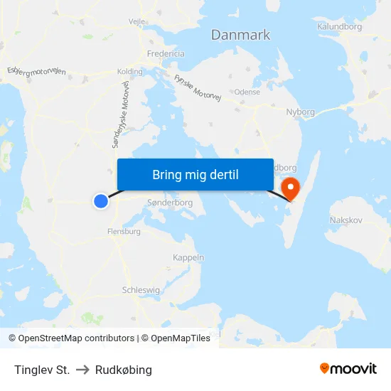 Tinglev St. to Rudkøbing map