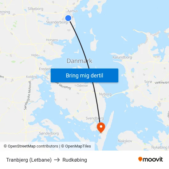 Tranbjerg (Letbane) to Rudkøbing map