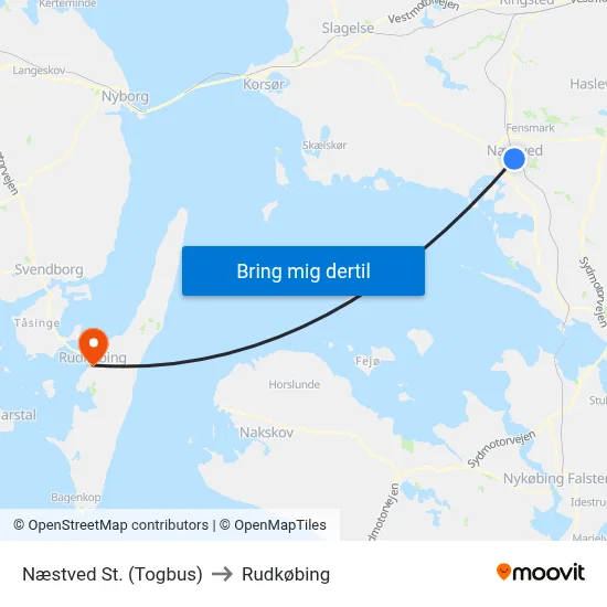 Næstved St. (Togbus) to Rudkøbing map