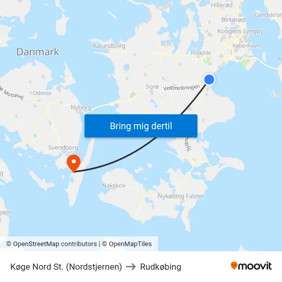 Køge Nord St. (Nordstjernen) to Rudkøbing map