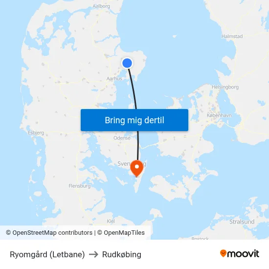 Ryomgård (Letbane) to Rudkøbing map