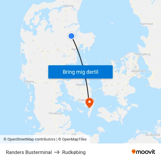 Randers Busterminal to Rudkøbing map