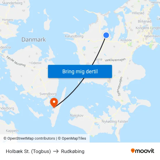 Holbæk St. (Togbus) to Rudkøbing map
