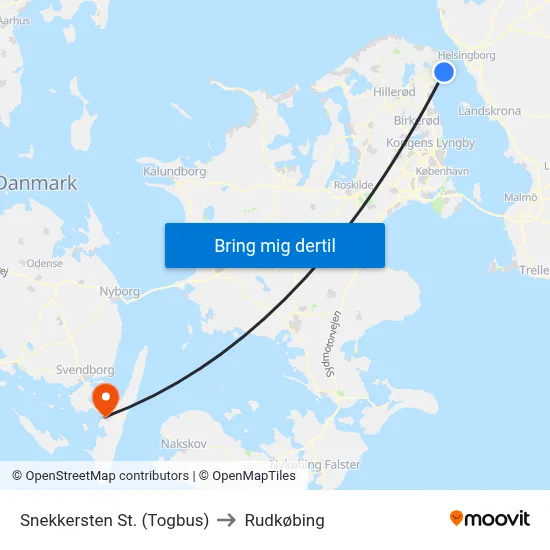 Snekkersten St. (Togbus) to Rudkøbing map