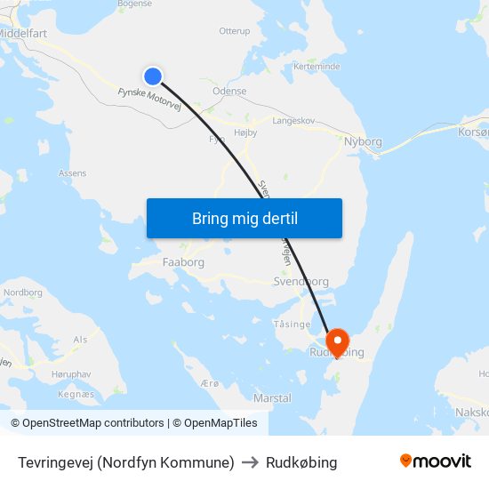 Tevringevej (Nordfyn Kommune) to Rudkøbing map