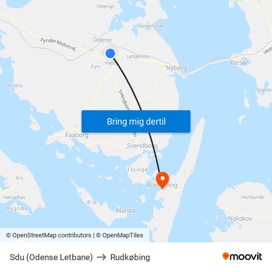 Sdu (Odense Letbane) to Rudkøbing map