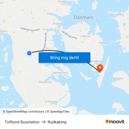 Toftlund Busstation to Rudkøbing map