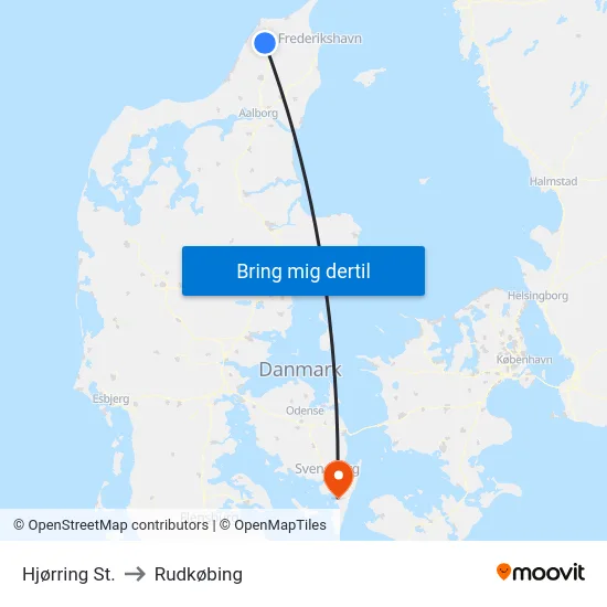 Hjørring St. to Rudkøbing map