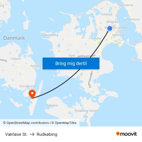 Værløse St. to Rudkøbing map