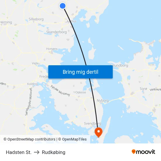 Hadsten St. to Rudkøbing map