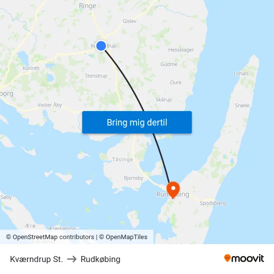 Kværndrup St. to Rudkøbing map