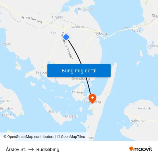 Årslev St. to Rudkøbing map