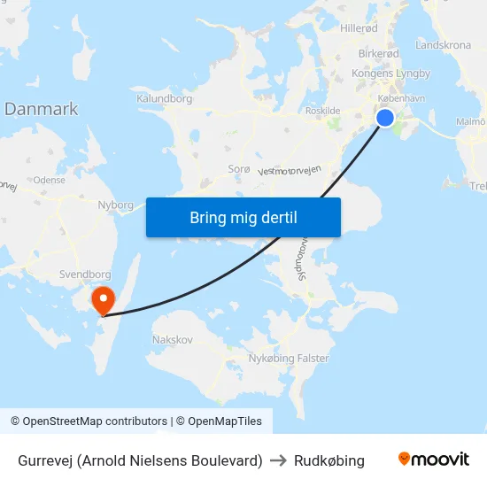 Gurrevej (Arnold Nielsens Boulevard) to Rudkøbing map