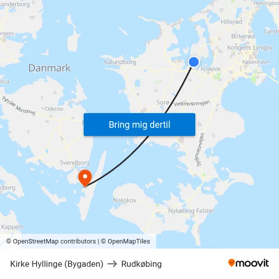 Kirke Hyllinge (Bygaden) to Rudkøbing map