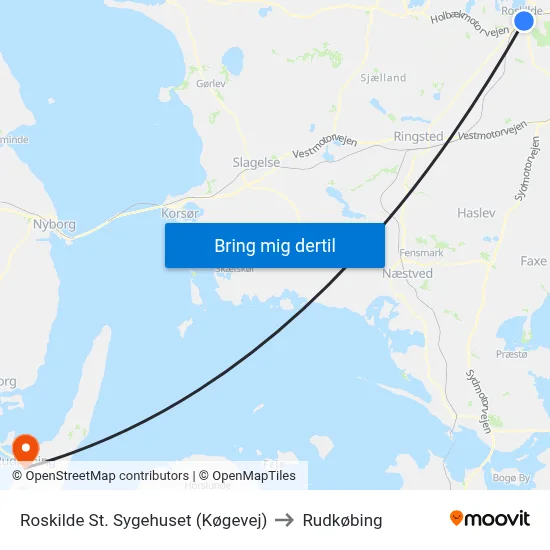 Roskilde St. Sygehuset (Køgevej) to Rudkøbing map