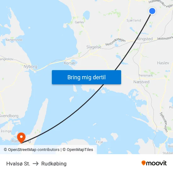 Hvalsø St. to Rudkøbing map