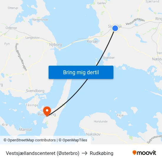 Vestsjællandscenteret (Østerbro) to Rudkøbing map