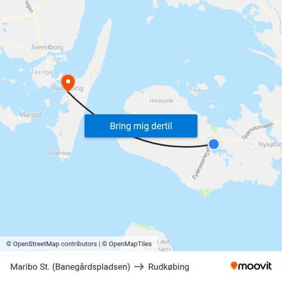 Maribo St. (Banegårdspladsen) to Rudkøbing map