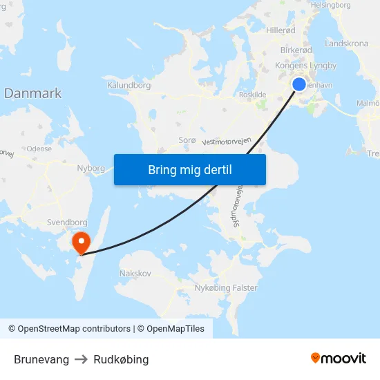 Brunevang to Rudkøbing map