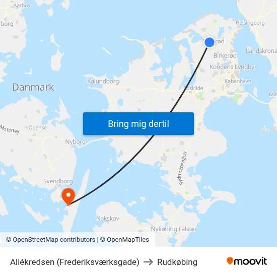 Allékredsen (Frederiksværksgade) to Rudkøbing map