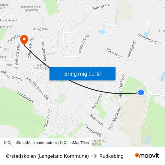 Ørstedskolen (Langeland Kommune) to Rudkøbing map