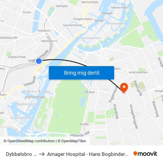 Dybbølsbro St. to Amager Hospital - Hans Bogbinders Allé map