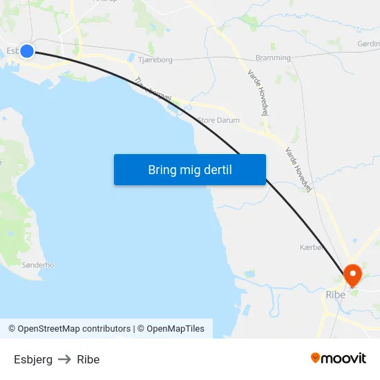 Esbjerg to Ribe map