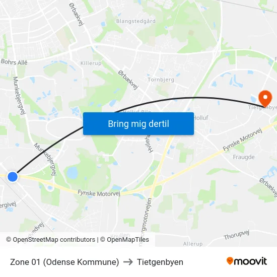 Zone 01 (Odense Kommune) to Tietgenbyen map