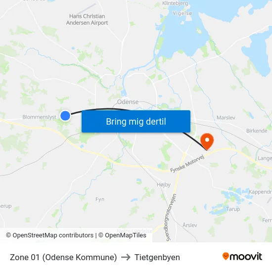 Zone 01 (Odense Kommune) to Tietgenbyen map