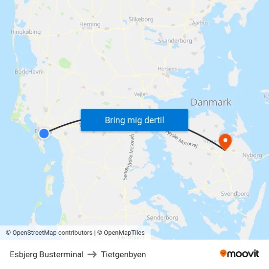 Esbjerg Busterminal to Tietgenbyen map