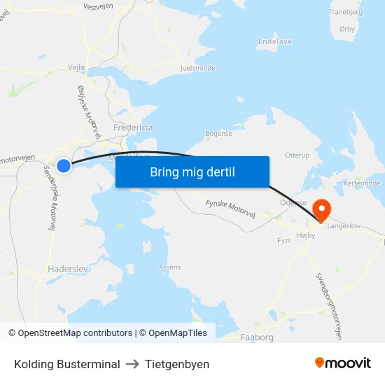 Kolding Busterminal to Tietgenbyen map