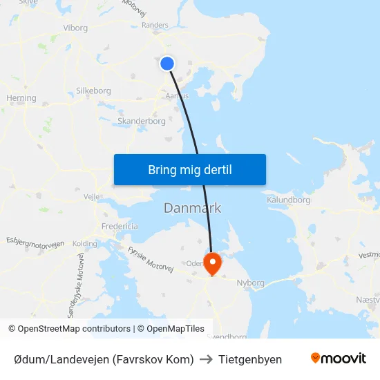 Ødum/Landevejen (Favrskov Kom) to Tietgenbyen map