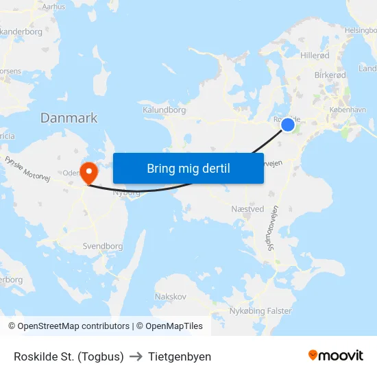 Roskilde St. (Togbus) to Tietgenbyen map