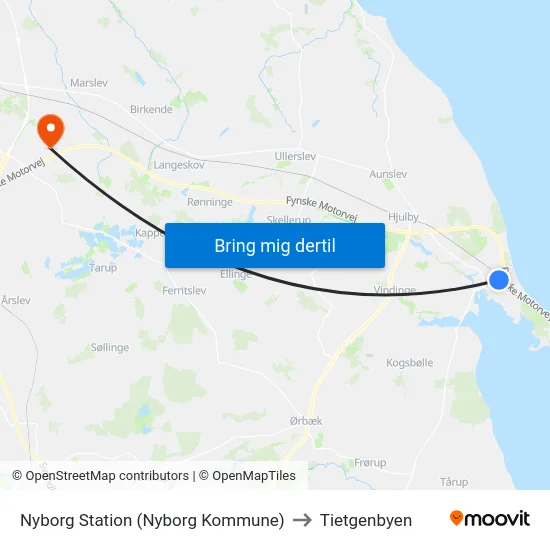 Nyborg Station (Nyborg Kommune) to Tietgenbyen map